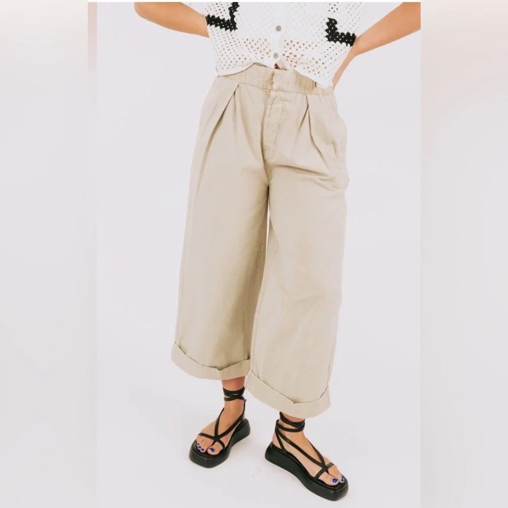 Free People After Love Cuff Pants Khaki Wide Leg Medium Oversized EUC